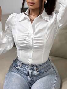 SHEIN PETITE 女士休闲荷叶边饰领衬衫女士衬衫，长袖上衣 - 白色 - 查看 1
