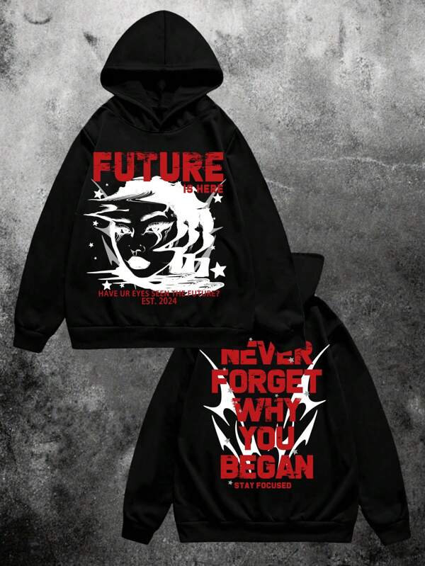 Manfinity ZONE917 Men's Loose Street-Style Retro High Street Creative Liquid Messy  Red Text Large Pattern Black Hooded Sweatshirt.