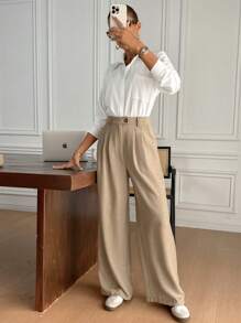 SHEIN Frenchy 女士休闲百搭简约直筒裤 - 杏色 - 查看 4