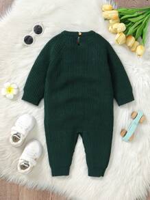 Bộ đồ liền thân dệt kim thêu chữ thường ngày cho bé gái, mùa thu - màu xanh lá - Xem 2
