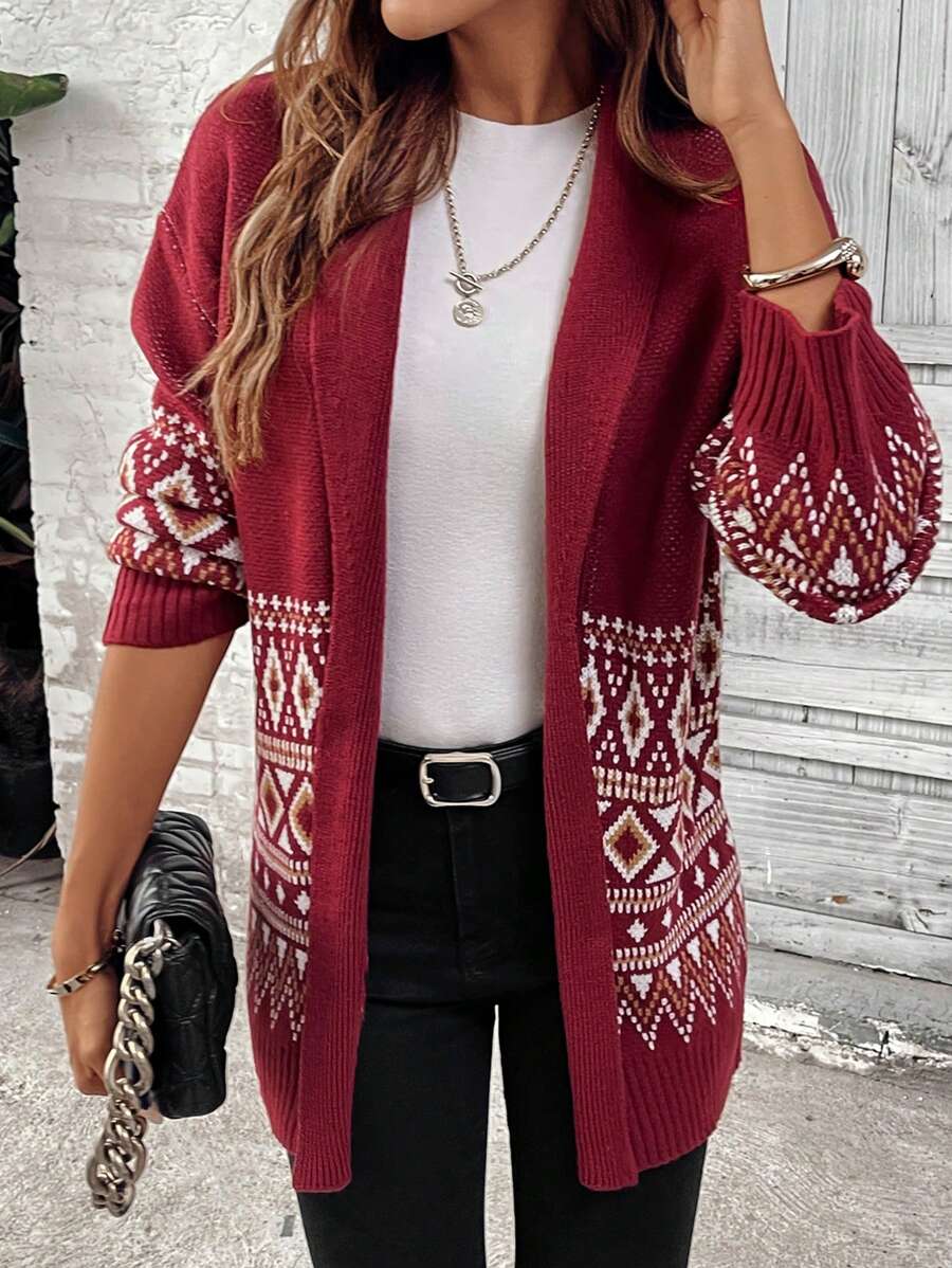 SHEIN LUNE Cardigan simples de patchwork liso de manga comprida, uso diário casual - Borgonha - Ver 1
