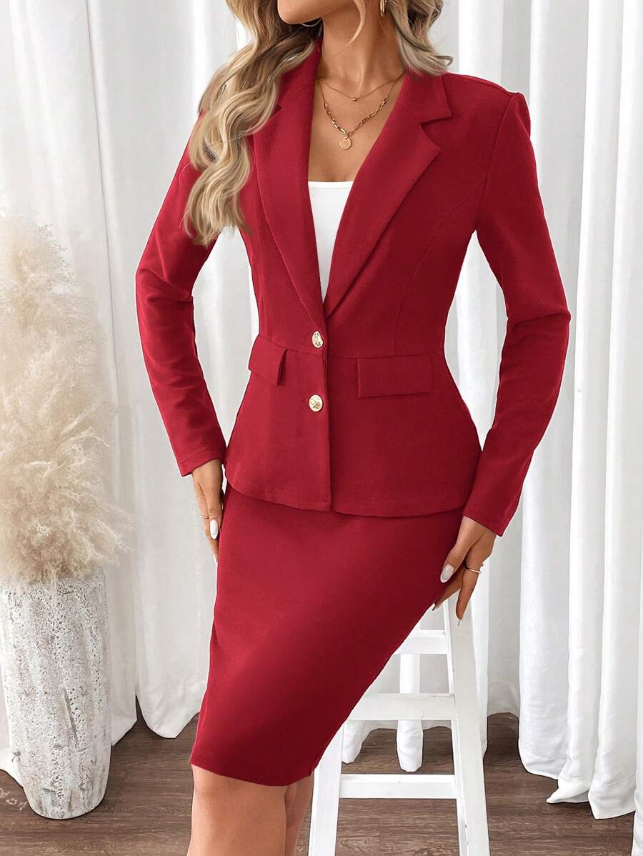 SHEIN Clasi 2 件套女士商务休闲西装外套和中长裙套装，春季/秋季 - 紅色 - 查看 1