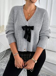 SHEIN Clasi PLUS Size Women's Knit Long Sleeve Cardigan With Bow Tie Elegant Romantic Open Front Sweater - Grey - View 2