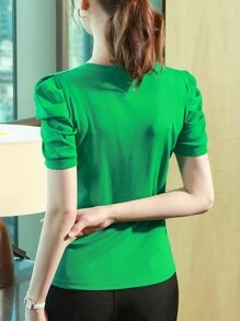 INAWLY Áo thun công sở thường ngày cổ tròn tay bồng ngắn màu trơn dành cho nữ, mùa hè - màu xanh lá - Xem 2