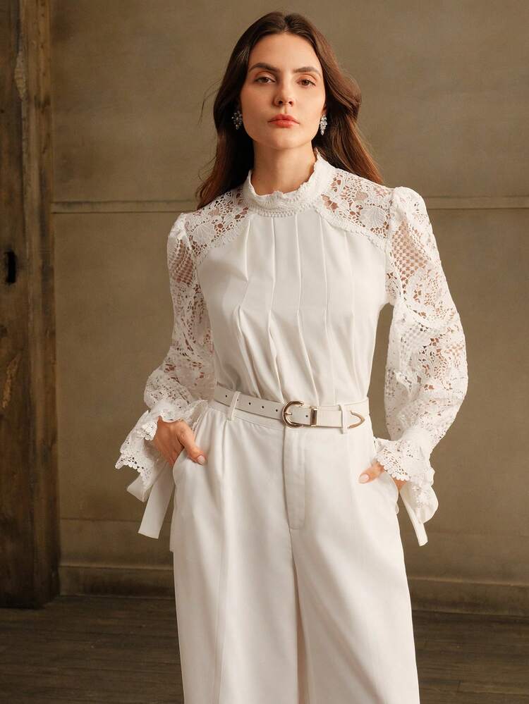 Women Elegant White Lace Long Sleeve Ruched Stand Collar Tie Cuff Blouse