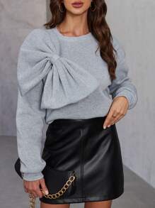 INAWLY 女士純色簡約日常穿搭長袖運動衫配蝴蝶結裝飾