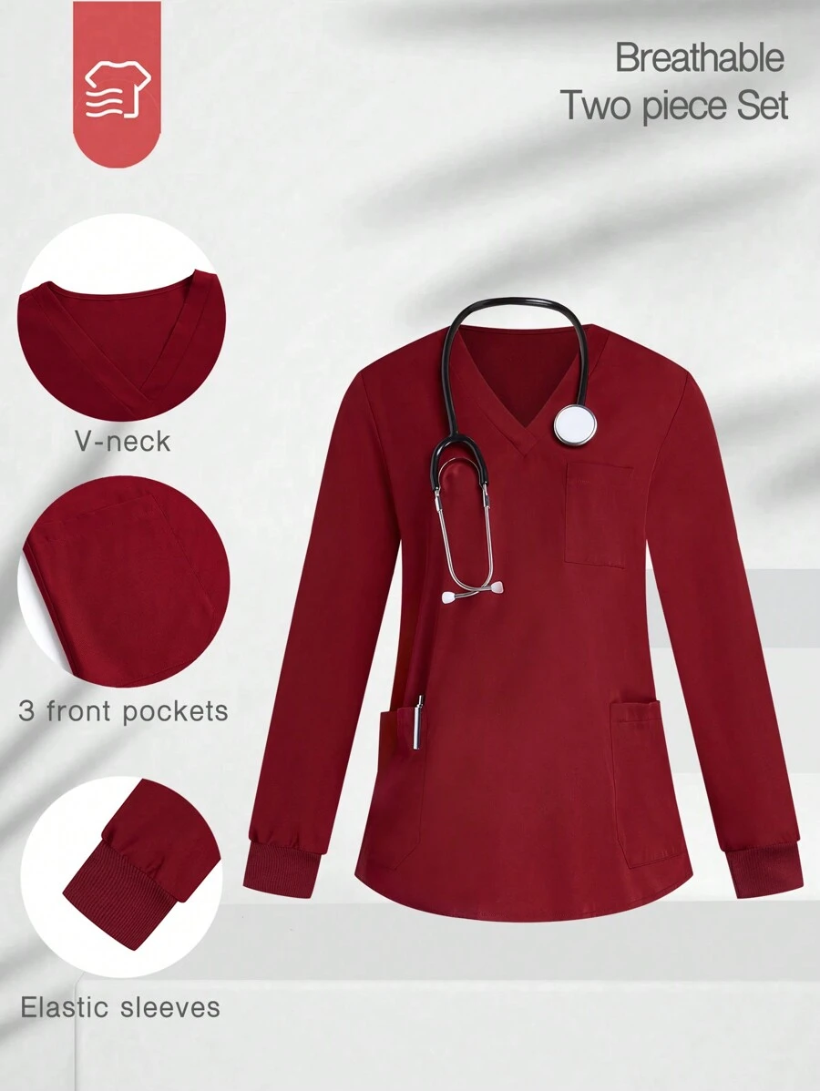 TaskEZ Burgundy Red Women's Solid Long Sleeve Scrub Top Elastic Double Pocket V Neck Top, Women's V Neck Scrub Top, Women's Short Sleeve V Neck Nurse Uniform With 3 Pockets Summer Soft And Elastic Printed Scrub Top, Christmas Clothing