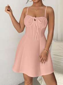 Calvaya Vestido informal de tirantes de espagueti con volantes y lazo en la parte delantera, unicolor, de verano, para mujer