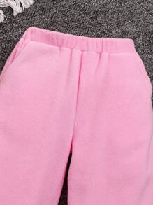 SHEIN 年轻女孩 2 件/套时尚摇粒绒粉色拉链前落肩连帽衫和裤子套装，运动风格，非常适合秋冬季休闲、日常穿着和学校日常穿着 - 粉色 - 查看 5