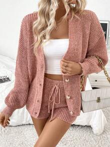 SHEIN LUNE Setelan Sweater Rajut Longgar Leher V dan Celana Pendek Bergaya Eropa dan Amerika, Pakaian Musim Gugur/Dingin untuk Wanita - Dusty Pink - View 6
