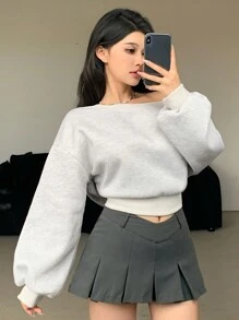 DAZY 女士宽松休闲不对称领口连帽衫、长袖上衣、秋装运动衫 - 灰色 - 查看 6