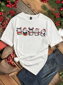 SHEIN LUNE Christmas Cute Santa Claus Costume Casual Round Neck Short Sleeve Fitted Women T-Shirt, Cotton For Summer - White - View 3