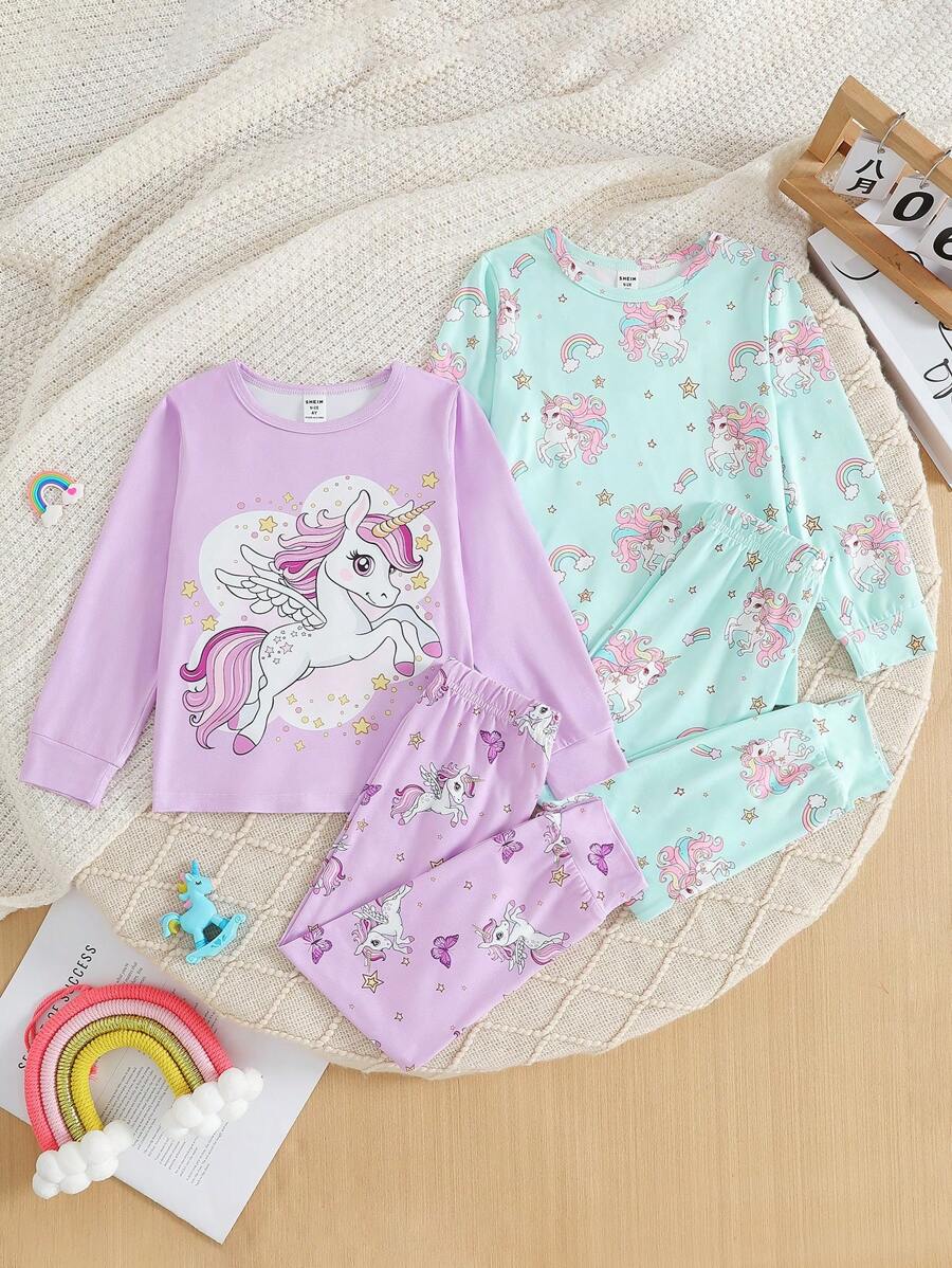 SHEIN 2pcs/Set Young Girls Cute Digital Cartoon Print Round Neck Casual Long Sleeve Top And Loose Drawstring Pants, Spring/Autumn