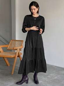 FRIFUL Women's Plain Crew Neck Long Sleeve Pleated Simple Casual Dress,Ruffle,Fall Clothes Maxi Dress - Black - View 1