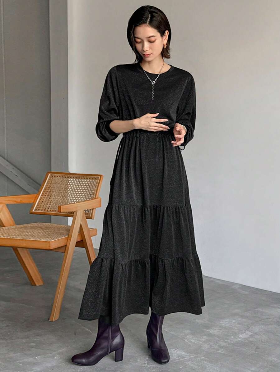 FRIFUL Women's Plain Crew Neck Long Sleeve Pleated Simple Casual Dress,Ruffle,Fall Clothes Maxi Dress - Black - View 1
