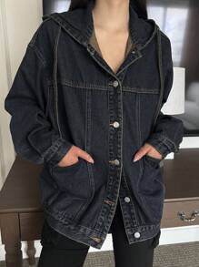 Dazy Star Women's Loose Dropped Shoulder Drawstring Hooded Denim Jacket With Pockets, Spring/Autumn - Blue - View 4