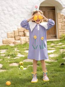 Robe à manches longues avec col brodé de fleurs mignonne pour jeune fille, style élégant et doux, automne hiver - Prune - Voir 3