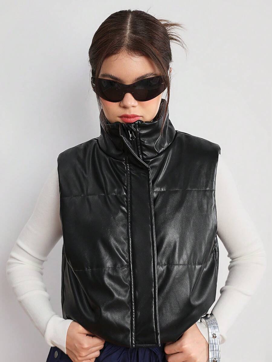 女孩和青少年女孩 Y2K 风格休闲 PU 皮革短立领加垫背心夹克,冬季 - 黑色 - 查看 1