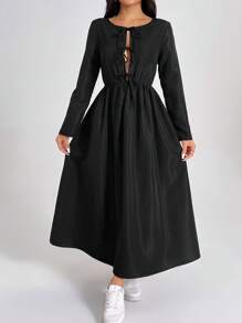 SHEIN PETITE Women's Black Long Sleeve Basic Fashion Dress With Bow Tie At Waist
