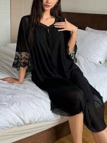 DAZY Loose Fit Long Sleeve Mesh Contrast Mid-Length Nightgown - Black - View 1