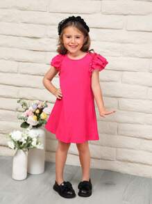 SHEIN 年轻女孩纯色圆领 A 字裙，带荷叶边下摆和蝴蝶袖