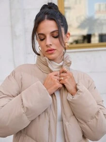 SHEIN Cottnline High Neck Long Puffer Winter Coat - Beige - View 6