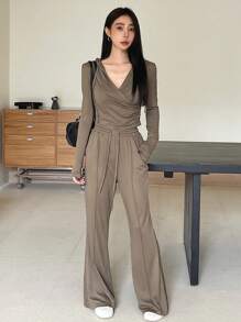 DAZY 2件套女士纯色运动服套装，秋季女装运动套装连帽家居服套装 - 卡其色 - 查看 4