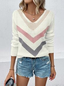 EMERY ROSE Chevron Pattern Pointelle Knit Sweater - White - View 4