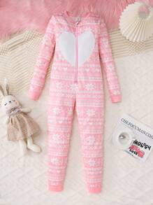 青少年女孩舒适温暖粉色印花连体裤可爱心形刺绣正面睡衣家居休闲服圣诞节 - 彩色 - 查看 7