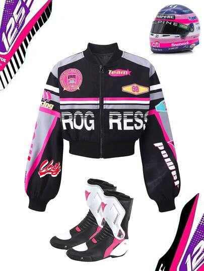 SHEIN Sparklyn 数码印花拉链夹克，适合青少年女孩、休闲度假、假日、夏季、旅行