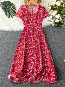 GlowEve 碎花纽扣前中长连衣裙，适合新年服装，长款女装 - 紅色 - 查看 1