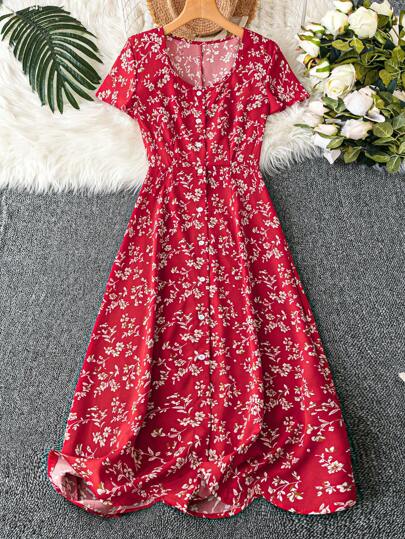 GlowEve 碎花纽扣前中长连衣裙，适合新年服装，长款女装