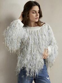 Anewsta Faux Feather Knit Sweater, Casual Everyday Wear, Knit Pullover Fall Winter - Green - View 5
