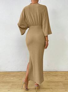 Celisse Robe élégante pour femmes, couleur unie, col en V, manches chauve-souris, ceinturée avec fente latérale, pour le printemps et l'été