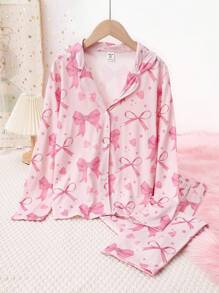 SHEIN Set de pijama casual y cómodo de 2 piezas con top de manga larga y pantalones con estampado digital a prueba de llamas para niña preadolescente - Rosa - Ver 3