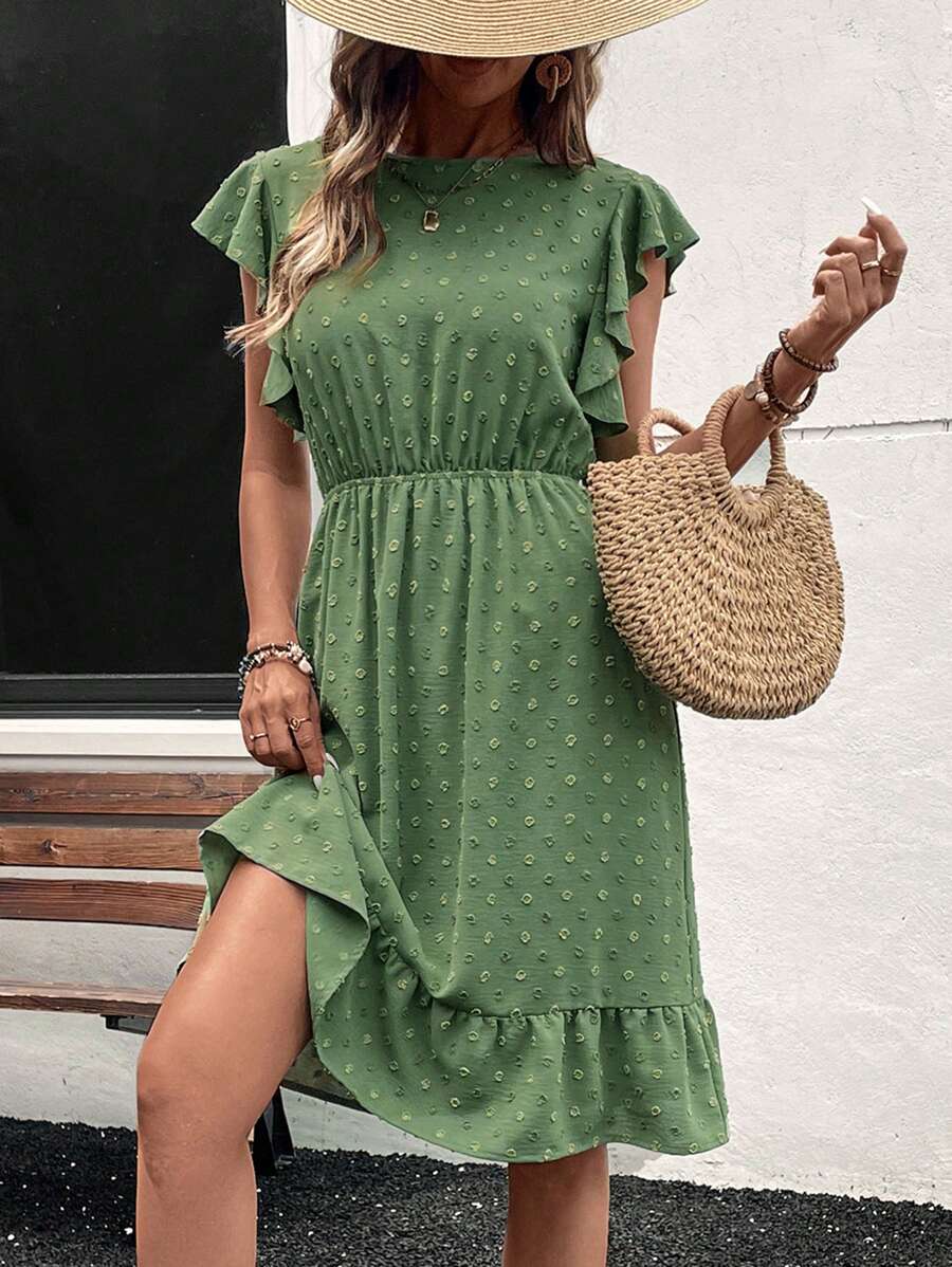 Chiquease Green Embroidered Waist Ruffle Hem Round Neck Midi Casual Dress For Women, Spring/Summer