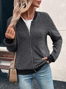 EMERY ROSE Women Casual Ribbed Knit Jacket, Autumn Fall Women Clothes Bomber Jacket - Black - View 5