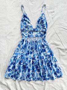 Soleia 度假风 V 领镂空露背花卉印花吊带裙 - 藍色 - 查看 2