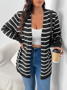 SHEIN Frenchy Plus Size Fall Striped Printed Casual Long Sleeve Cardigan