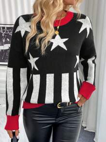 Chiquease Áo len dài tay kiểu dáng thường ngày, họa tiết ngôi sao năm cánh phối màu, thích hợp mặc mùa thu đông. - màu đen - Xem 6