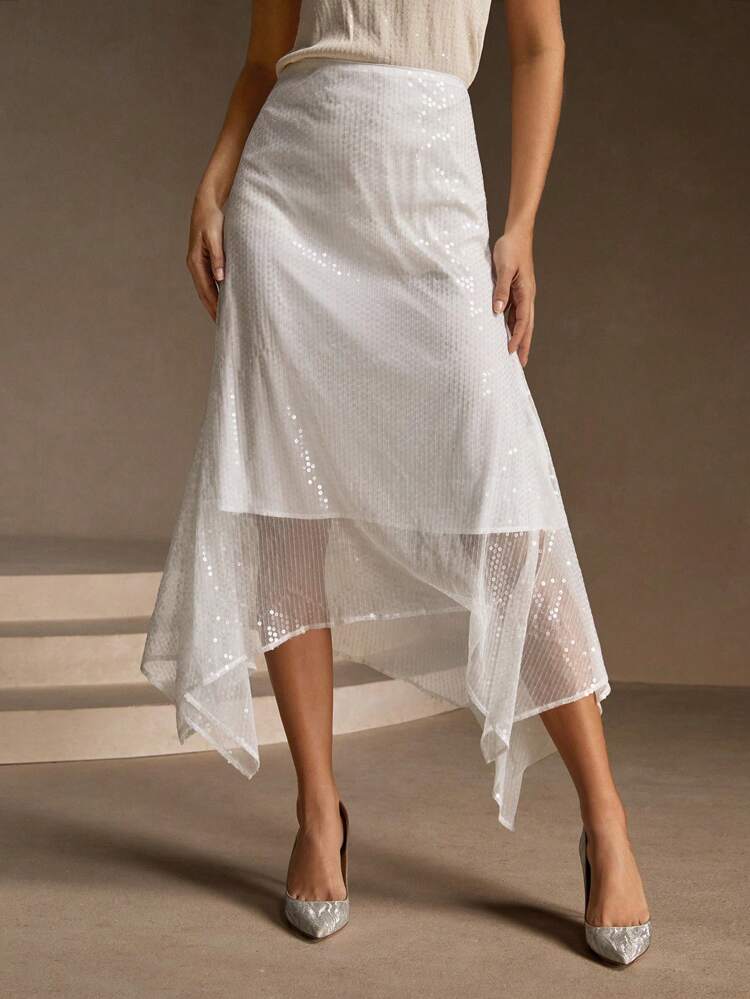 Spring&Summer Elegant Sequins Asymmetric Hem Skirt