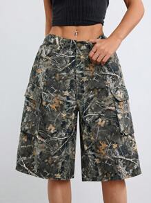SHEIN EZwear 女士秋冬工装必备牛仔迷彩中长牛仔裤 - 咖啡棕 - 查看 3