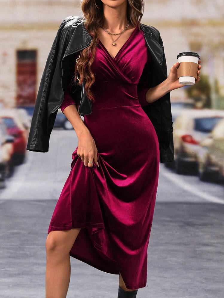 shein burgundy velvet dress SHEIN Cottnline Women's Wine Red Velvet Deep V Neck Long Sleeve Slit Dress