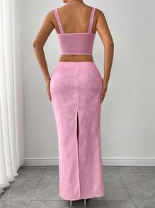 Zolique 女士花卉提花褶皱腰鱼尾下摆长裙 - 粉色 - 查看 3