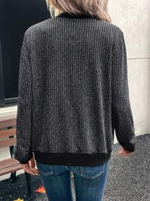 EMERY ROSE Women Casual Ribbed Knit Jacket, Autumn Fall Women Clothes Bomber Jacket - Black - View 2