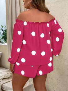 SHEIN LUNE Plus Size Leisure Polka Dot Print Off-Shoulder Blouse And Shorts 2pcs Set