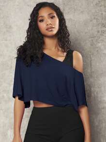 VARSITIE Damen Sport T-Shirt Top mit asymmetrischem Ausschnitt, Kontrast-Einsätzen und Cut-Out