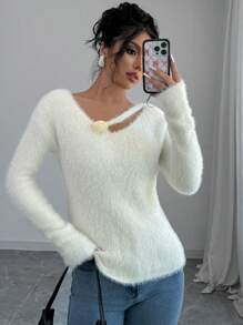 Chiquease Women's Asymmetric Neck Drop Shoulder Long Sleeve Fuzzy Sweater, Autumn & Winter, Knit Pullover Fall - Beige - View 3