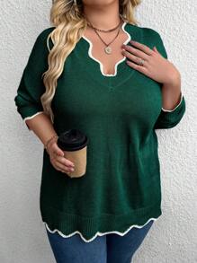 SHEIN CURVE+ 大码拼色拼接长袖圆领休闲毛衣，冬季