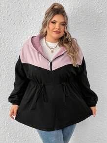 SHEIN CURVE+ Plus Size Hooded Splice Contrast Color Jacket For Women, For Winter